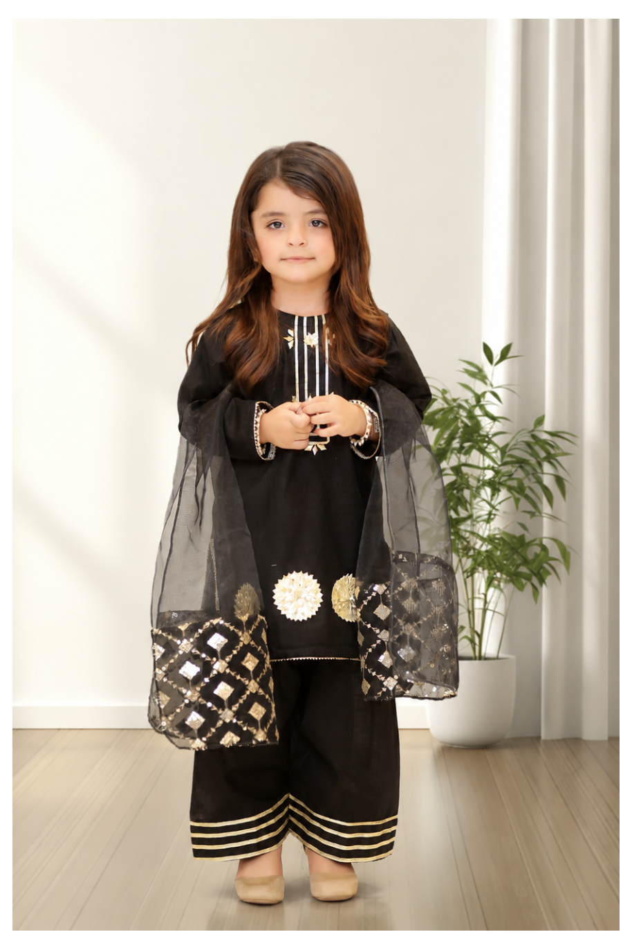 Black Elegance 3 Pc Lawn Suit for Girls