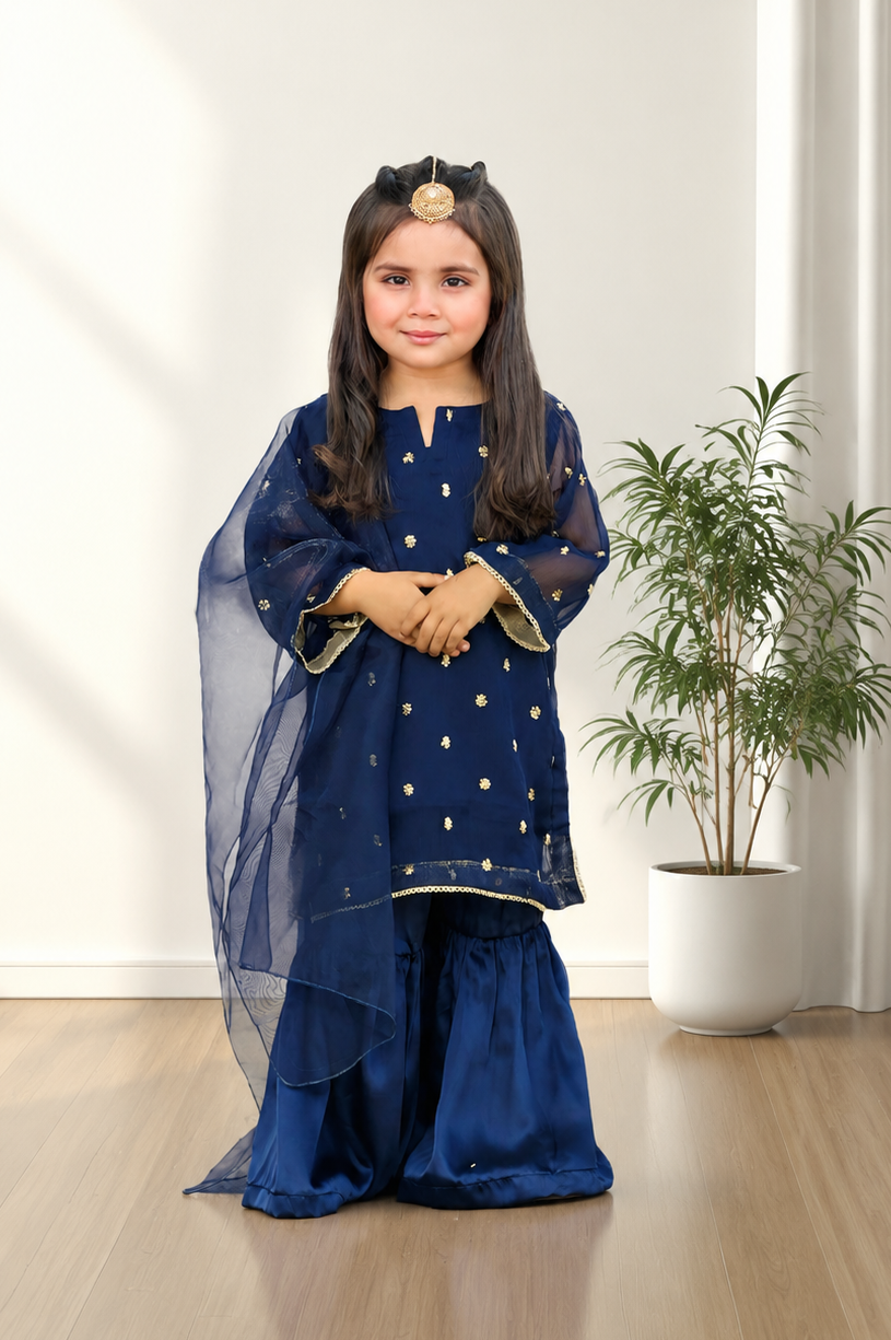 Midnight Royal - 3Pc Embroidery Shirt with Sharara