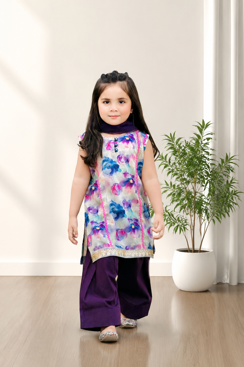 Lilac Shine - Lawn Shirt with Farshi Shalwar & Net Dupatta