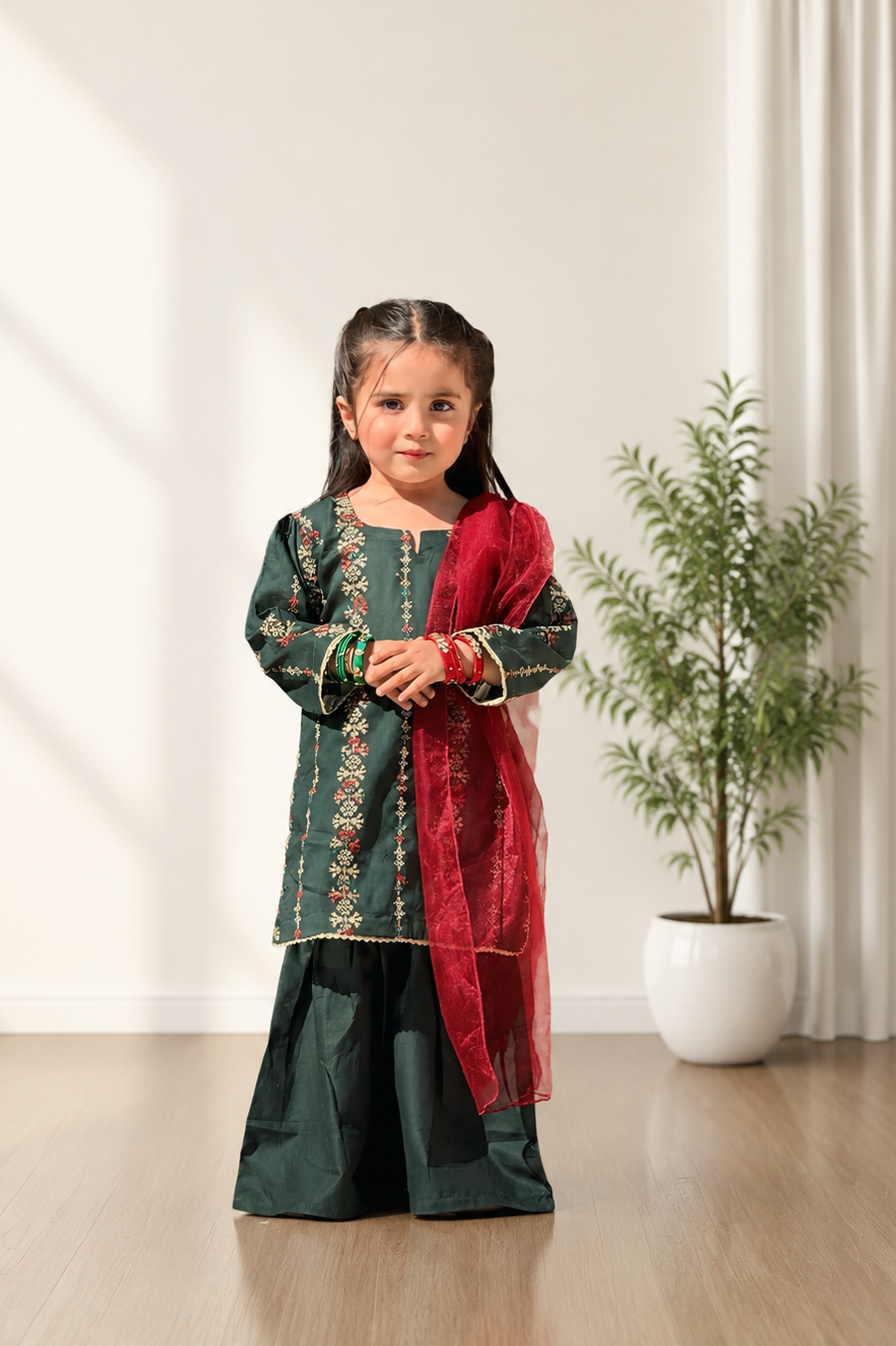 Girls 3 Pc Embroidered Lawn Shirt with Sharara