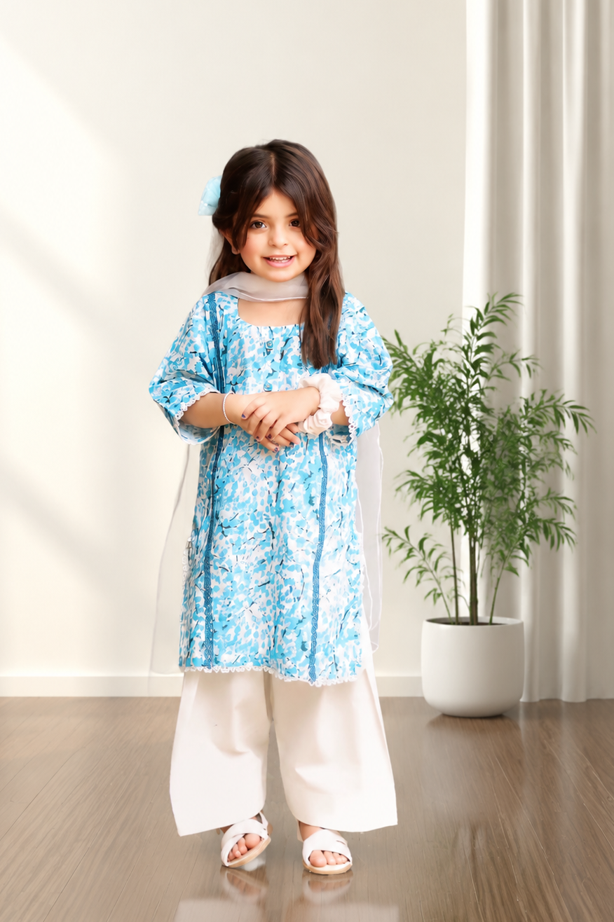 Lawn Shirt with Farshi Shalwar & Net Dupatta- 3 Piece Suit