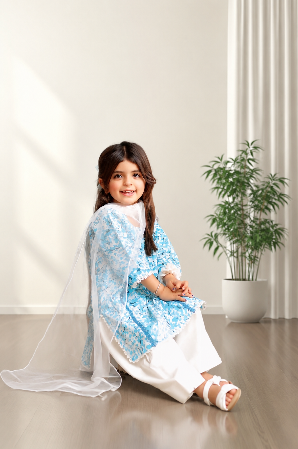 Lawn Shirt with Farshi Shalwar & Net Dupatta- 3 Piece Suit