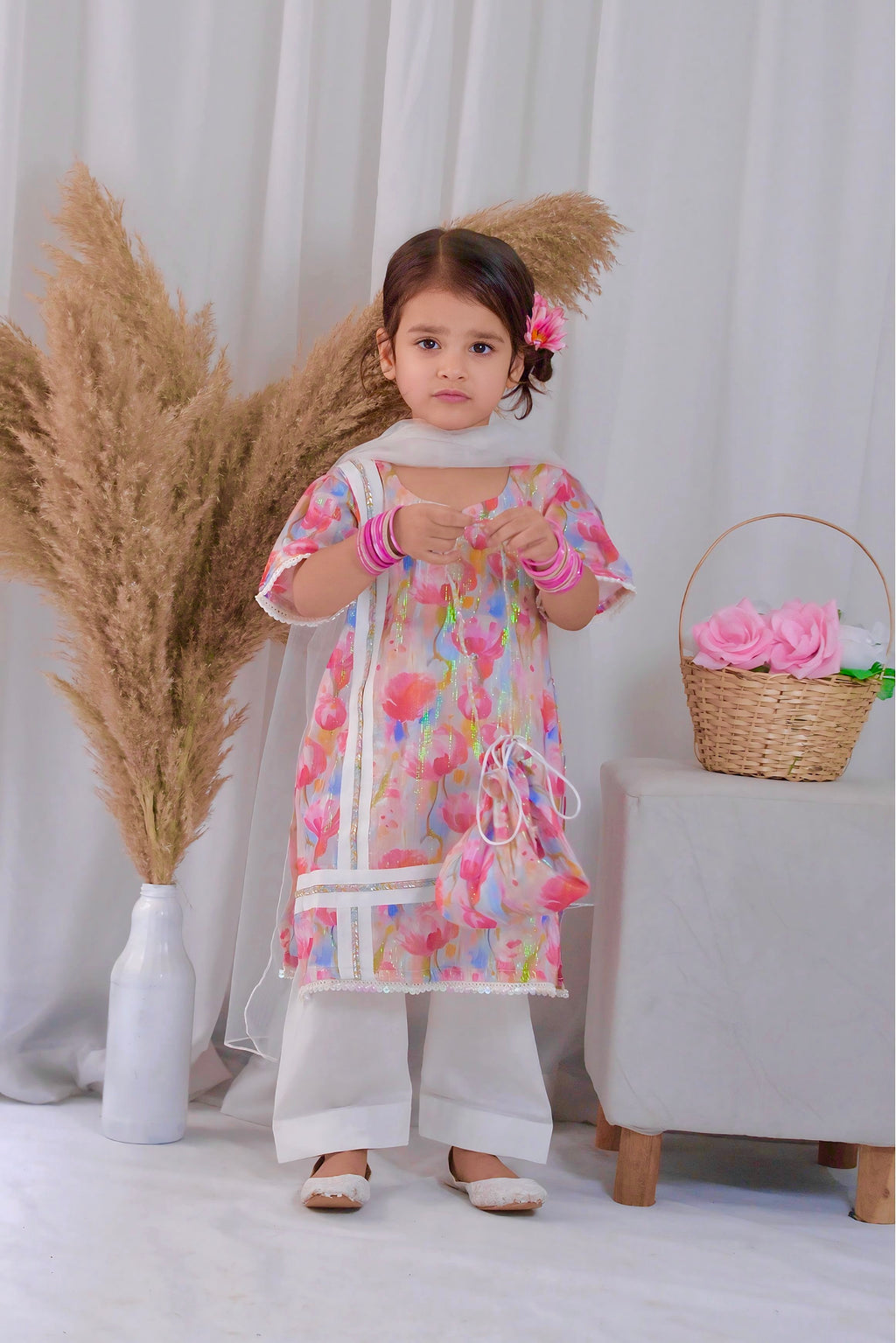 Girls 4 Pc Lawn Suit – Floral Pink