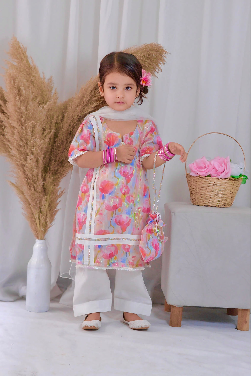 Girls 4 Pc Lawn Suit – Floral Pink