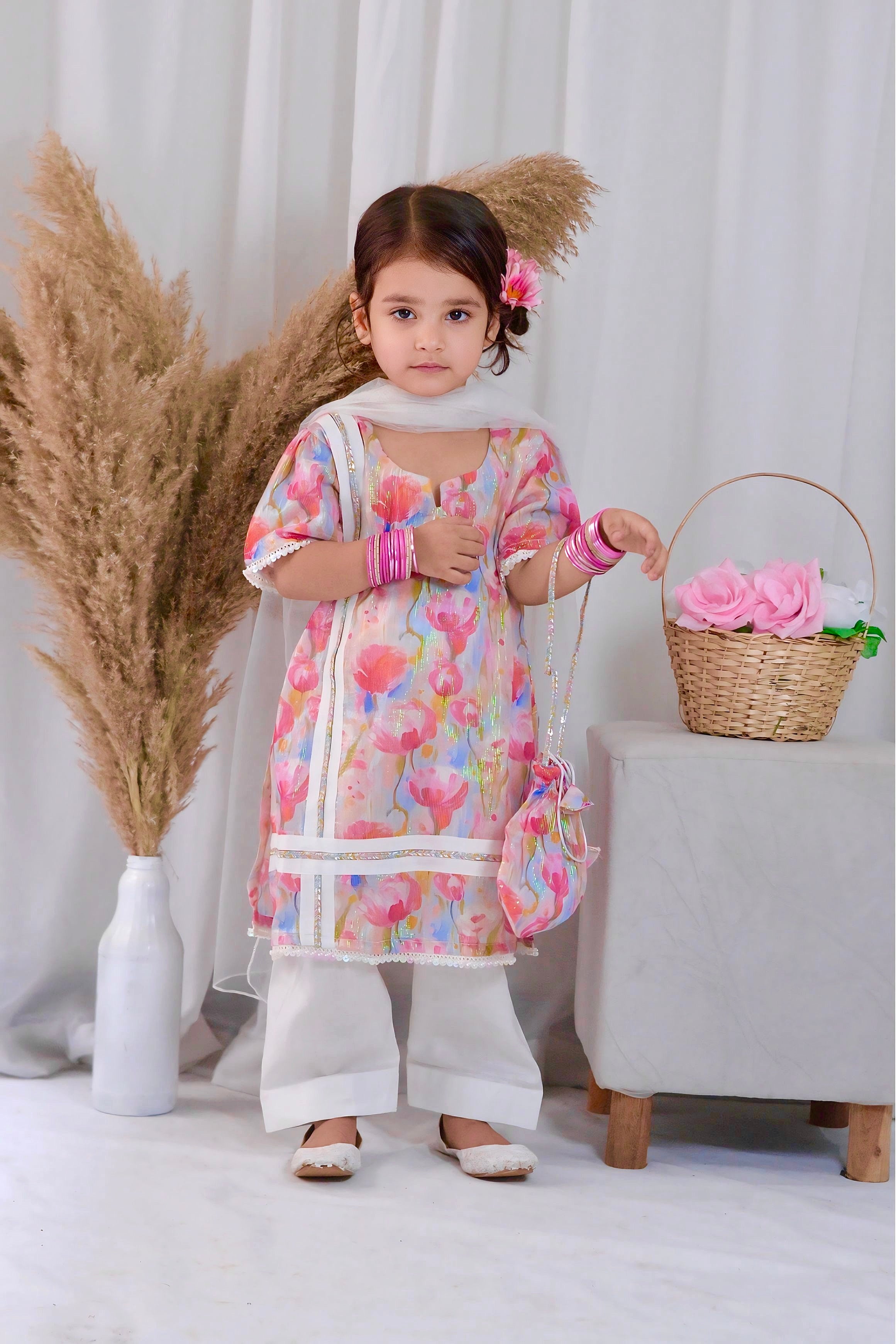 Girls 4 Pc Lawn Suit – Floral Pink