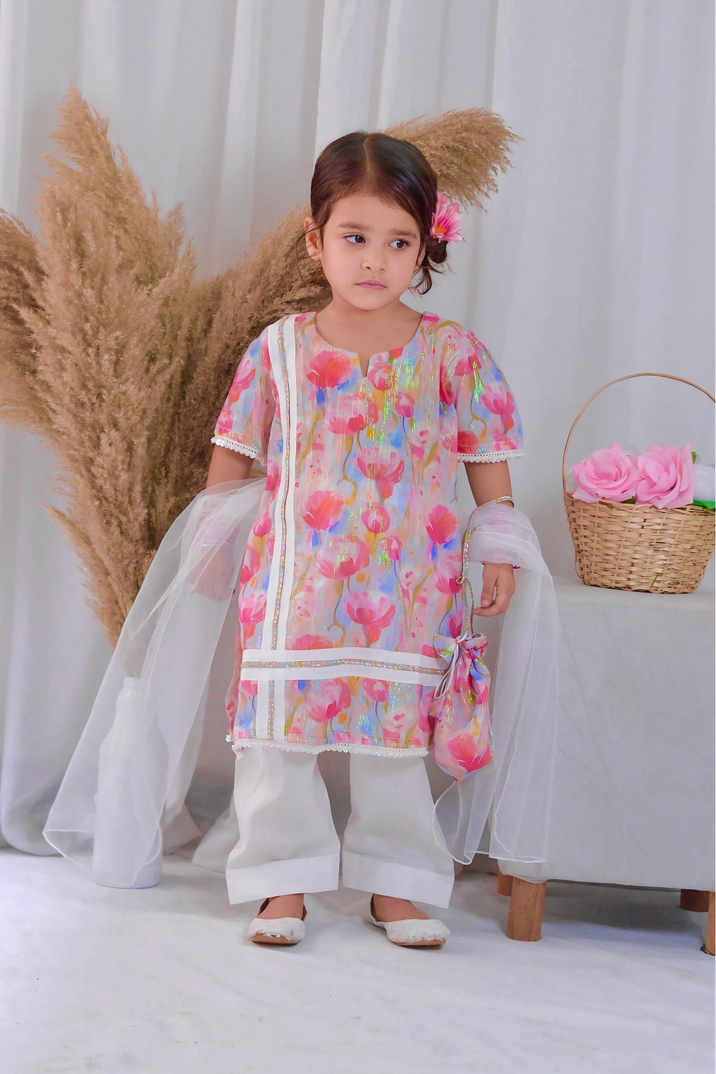 Girls 4 Pc Lawn Suit – Floral Pink