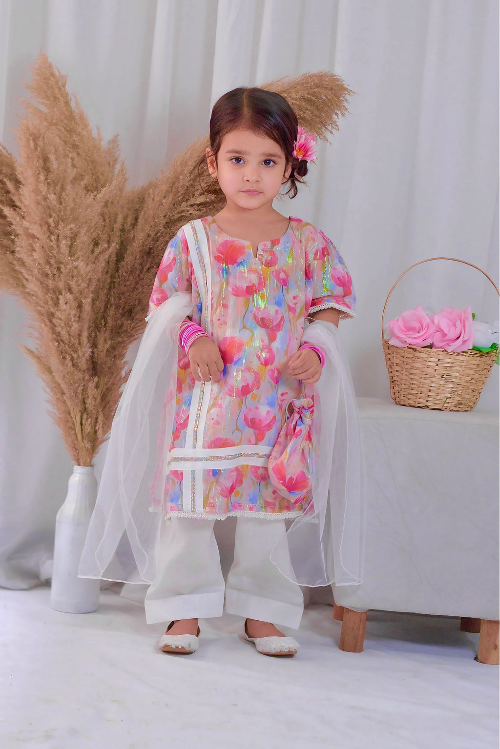 Girls 4 Pc Lawn Suit – Floral Pink