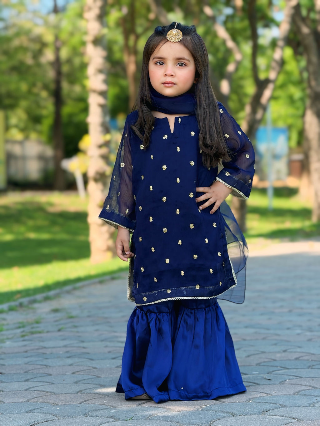 Midnight Royal - 3Pc Embroidery Shirt with Sharara
