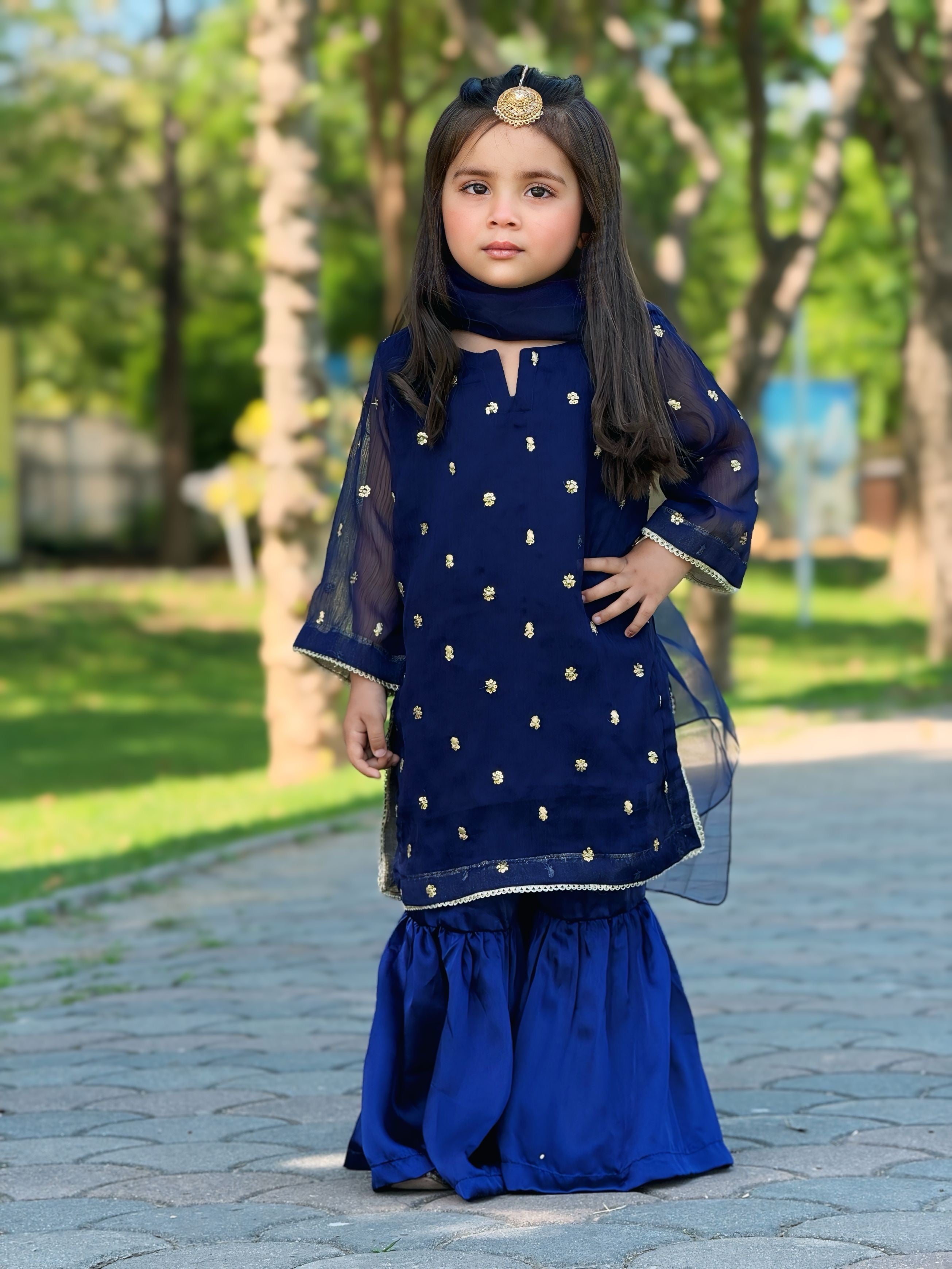 Midnight Royal - 3Pc Embroidery Shirt with Sharara