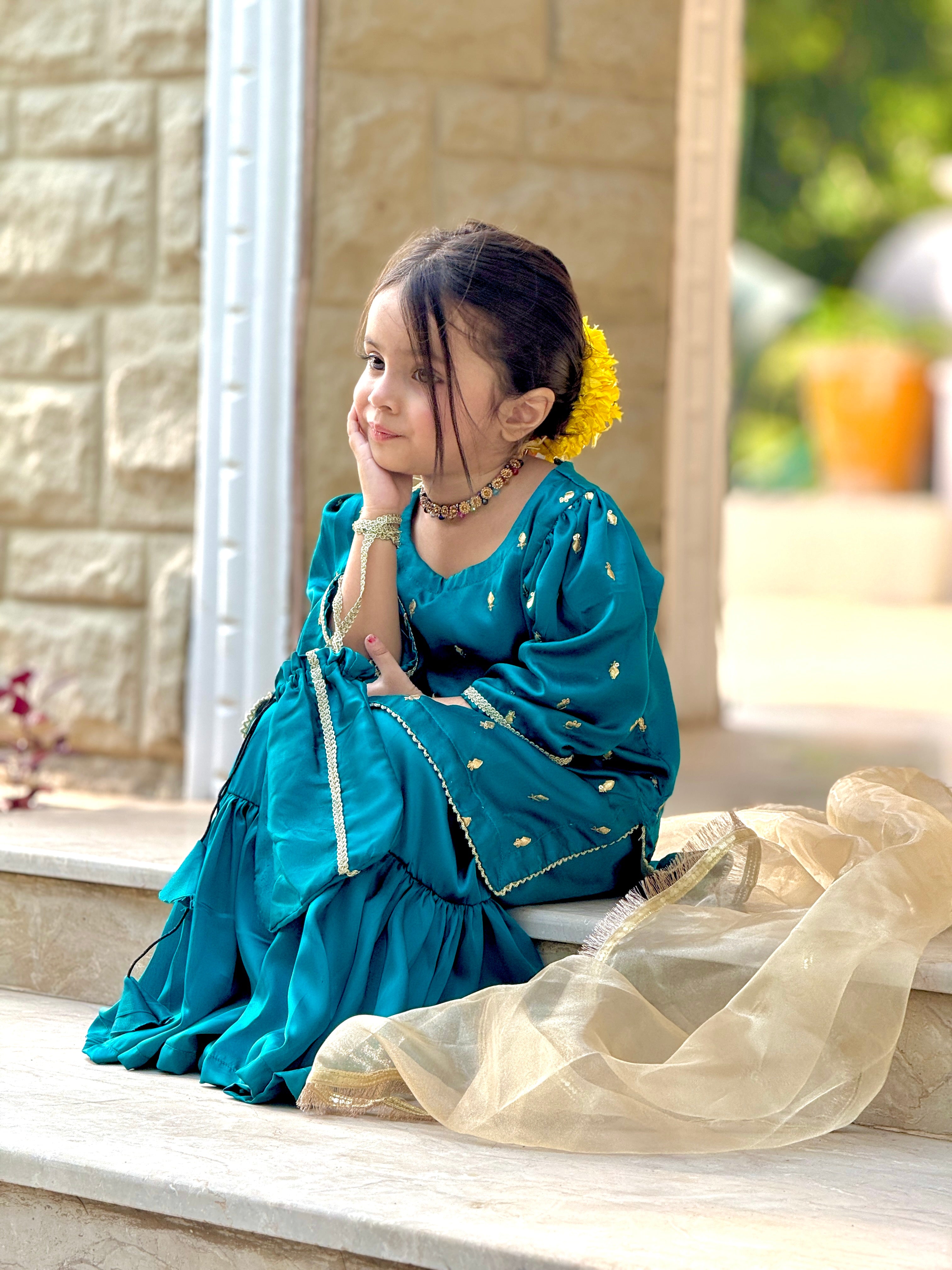 4 Pc Silk Embroidered Suit – Teal Blossom