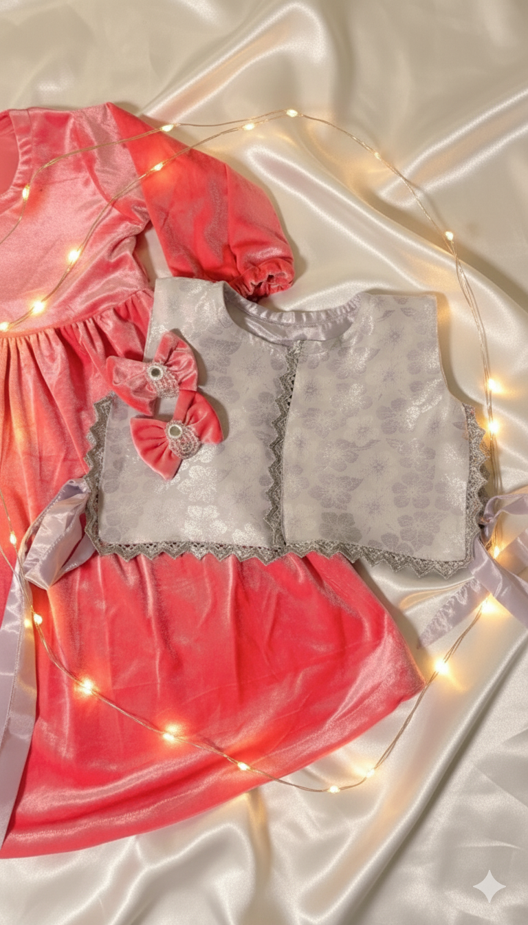 Velvet Long Frock with Matching Jacket & 2 Hair Pins