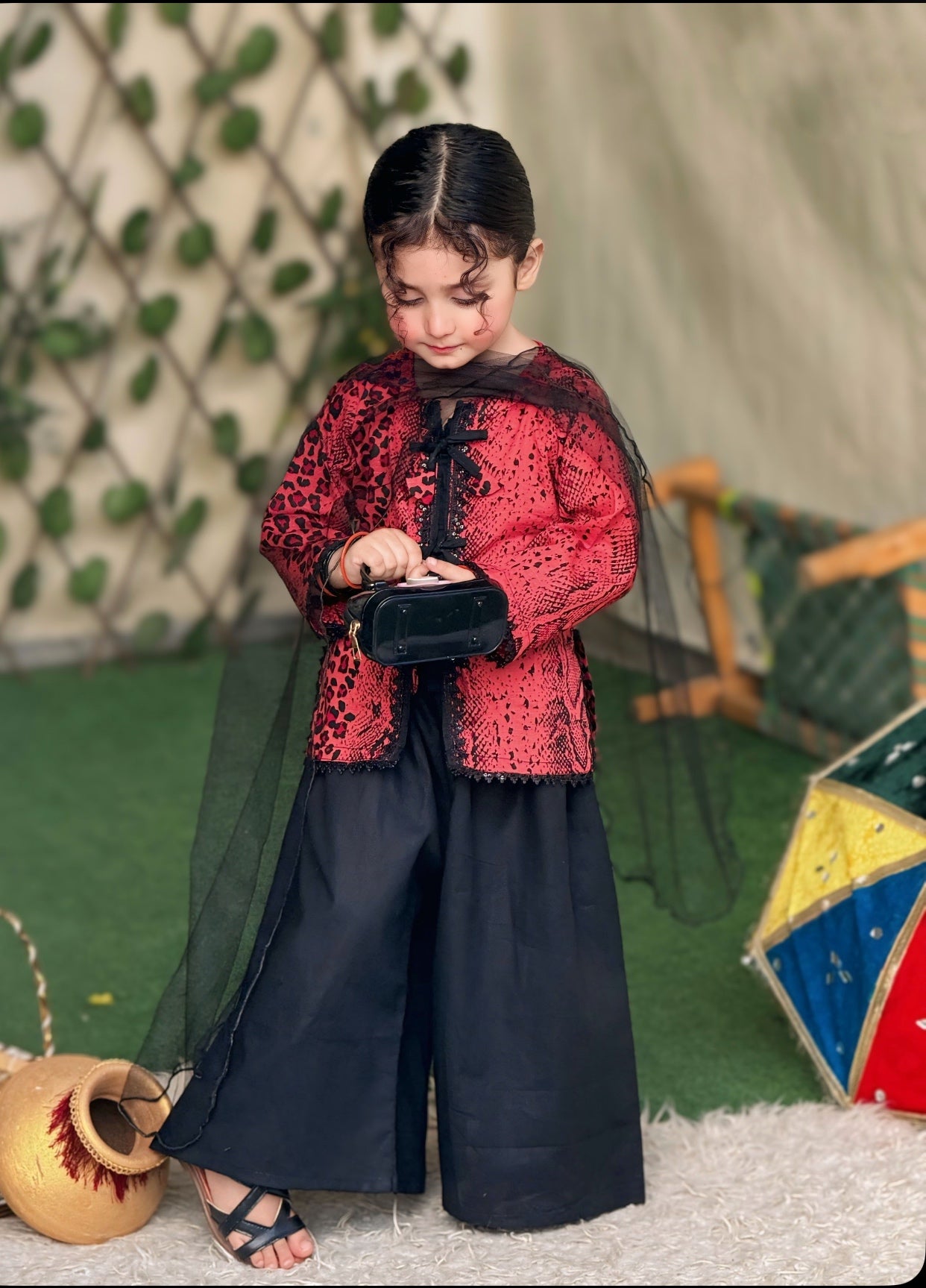 Black Printed Lawn 3PC Set with Net Dupatta for Girls