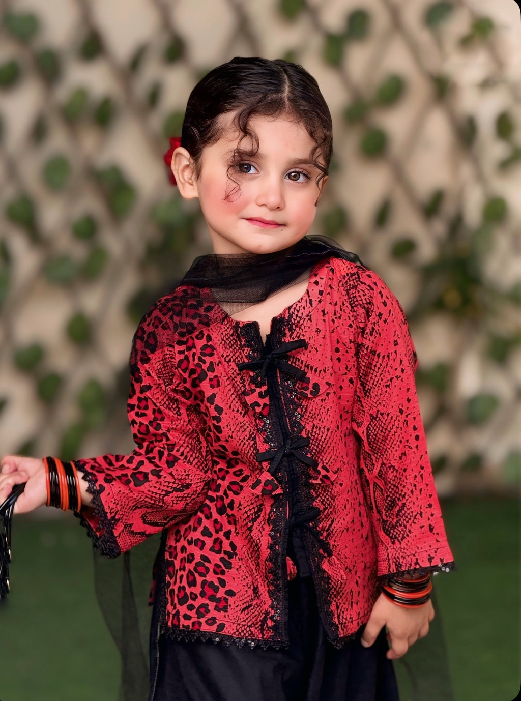 Black Printed Lawn 3PC Set with Net Dupatta for Girls