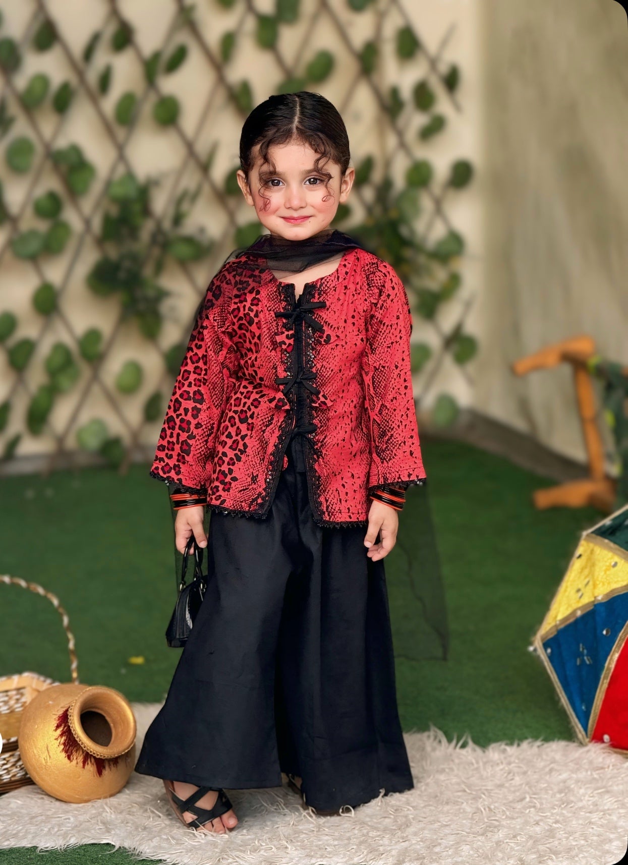 Black Printed Lawn 3PC Set with Net Dupatta for Girls