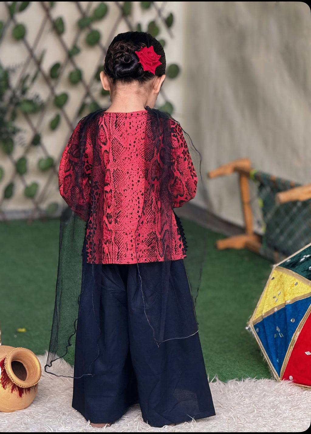 Black Printed Lawn 3PC Set with Net Dupatta for Girls