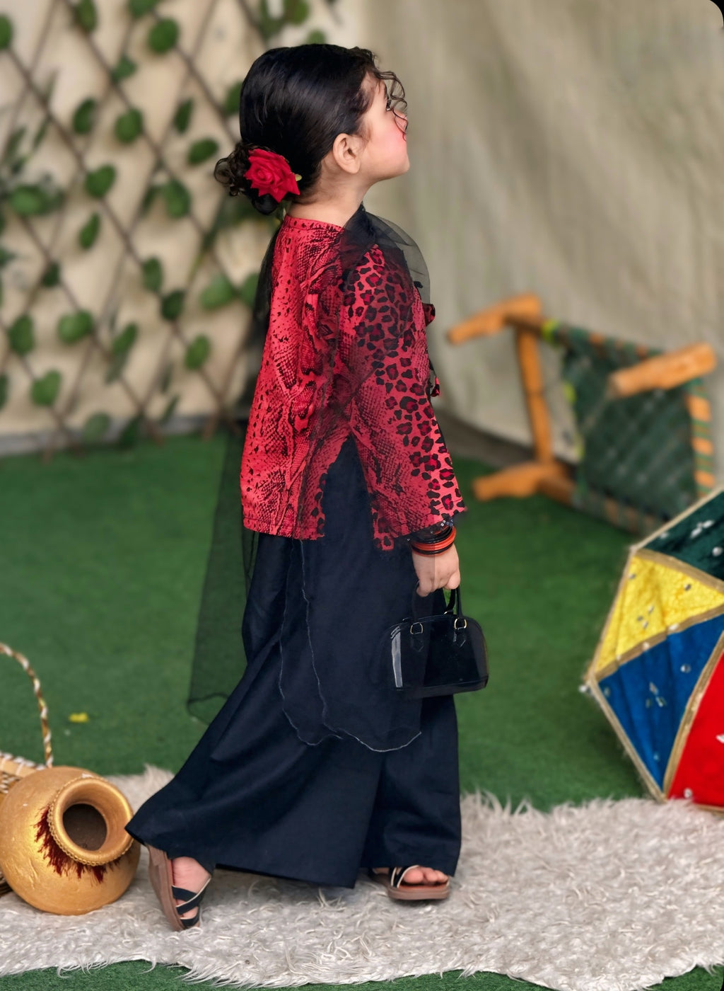 Black Printed Lawn 3PC Set with Net Dupatta for Girls