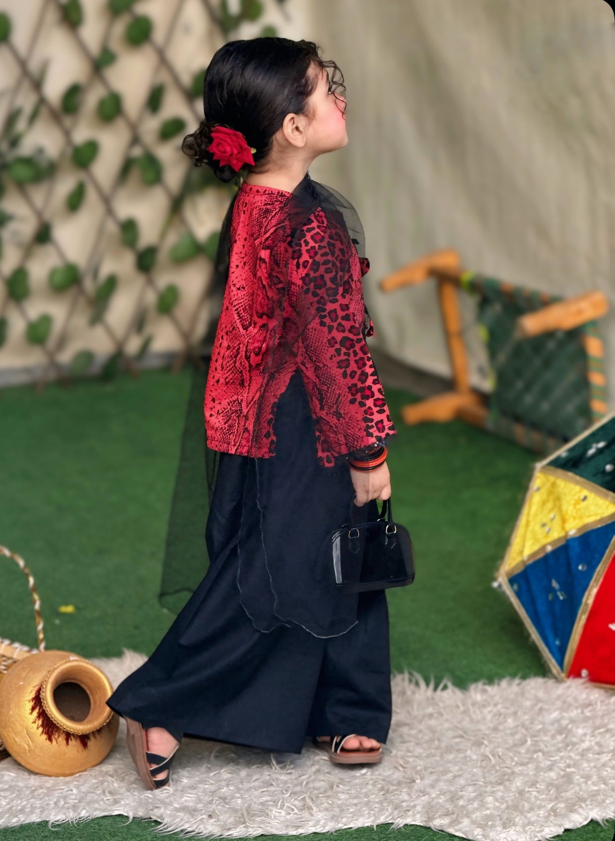 Black Printed Lawn 3PC Set with Net Dupatta for Girls