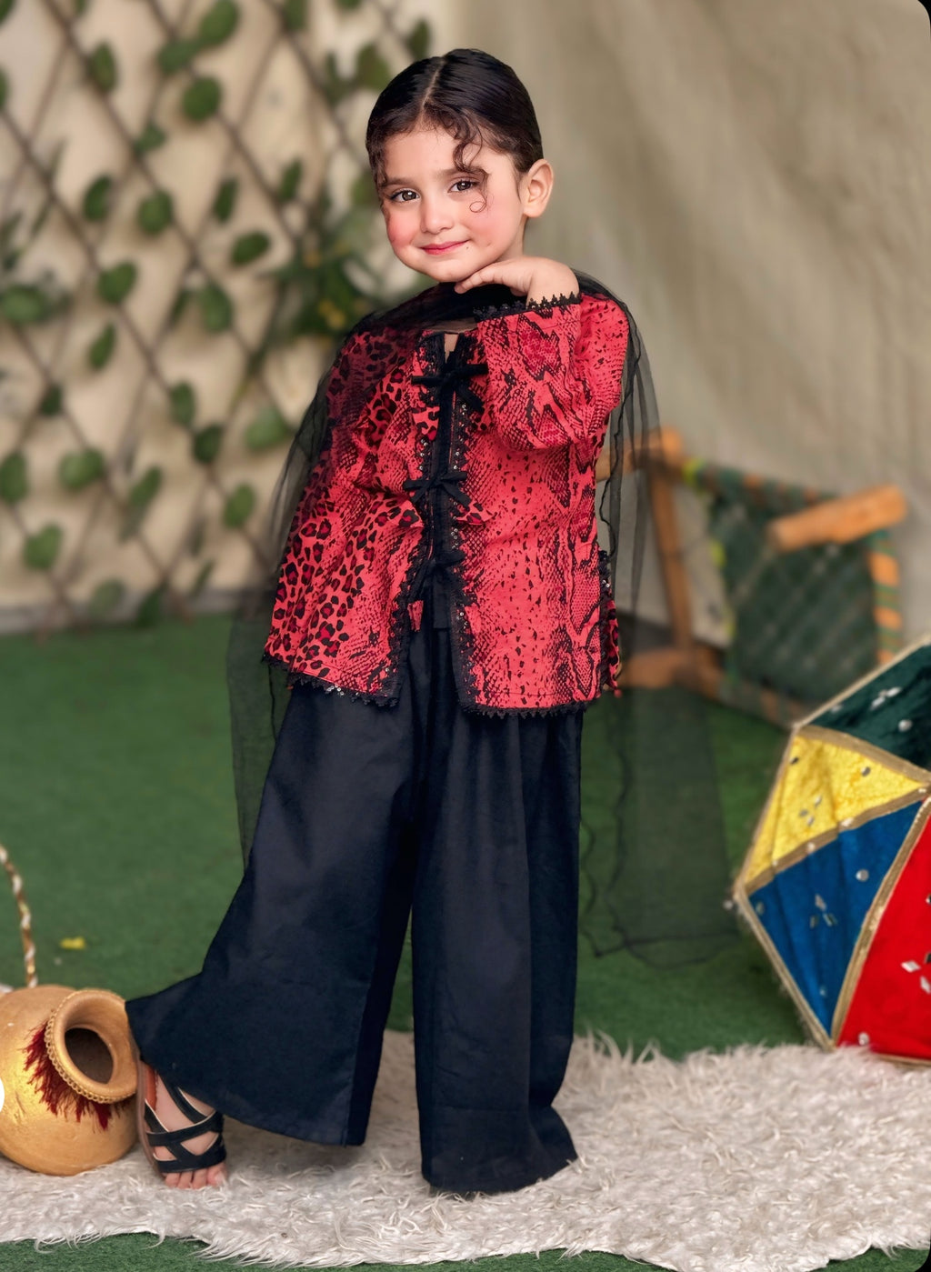 Black Printed Lawn 3PC Set with Net Dupatta for Girls
