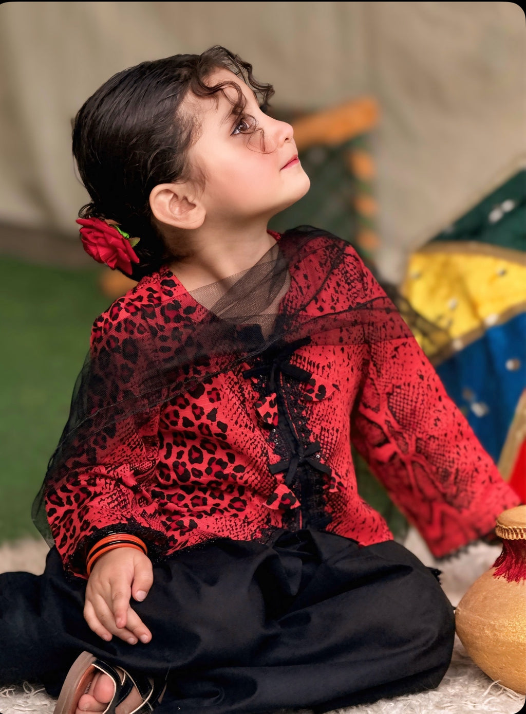 Black Printed Lawn 3PC Set with Net Dupatta for Girls