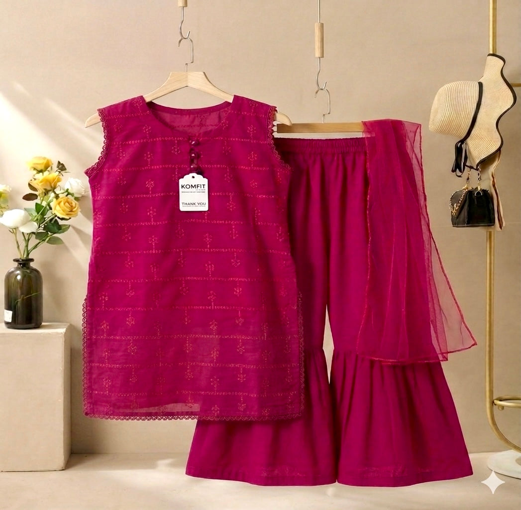 3 Pc Pink Chikankari Lawn Shirt With Sharara