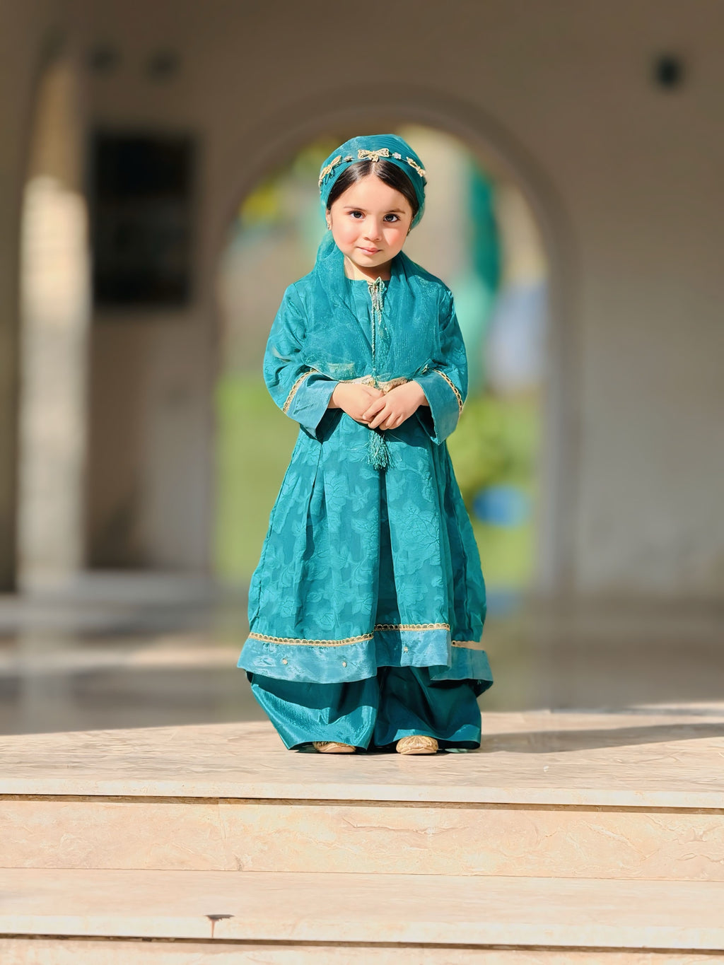 4-Piece Long Frock Set with Trouser, Pins & Dupatta