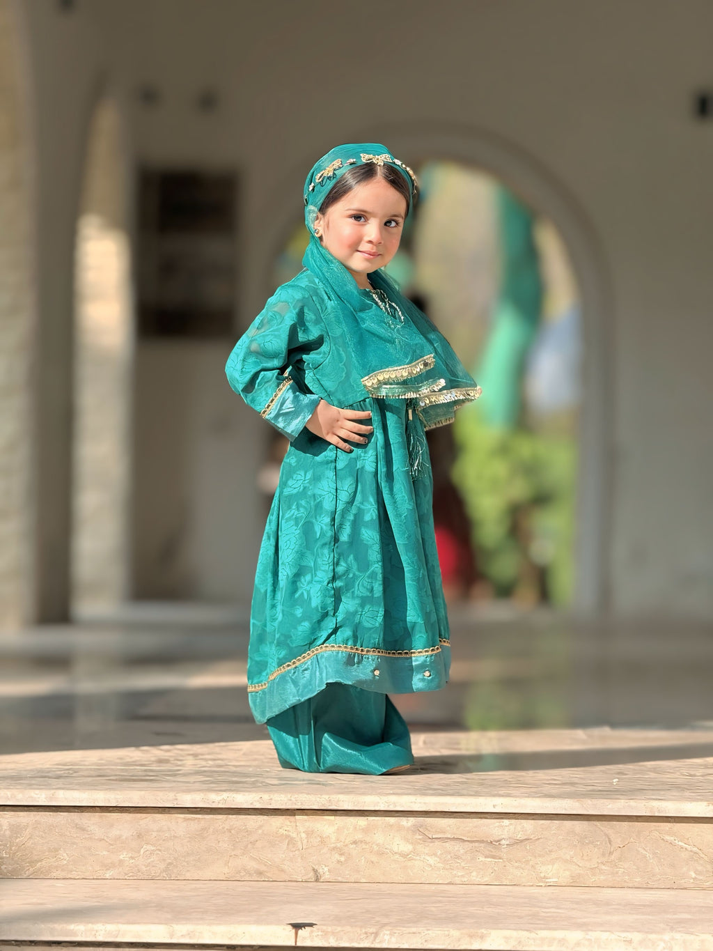 4-Piece Long Frock Set with Trouser, Pins & Dupatta