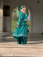 4-Piece Long Frock Set with Trouser, Pins & Dupatta