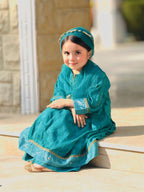 4-Piece Long Frock Set with Trouser, Pins & Dupatta
