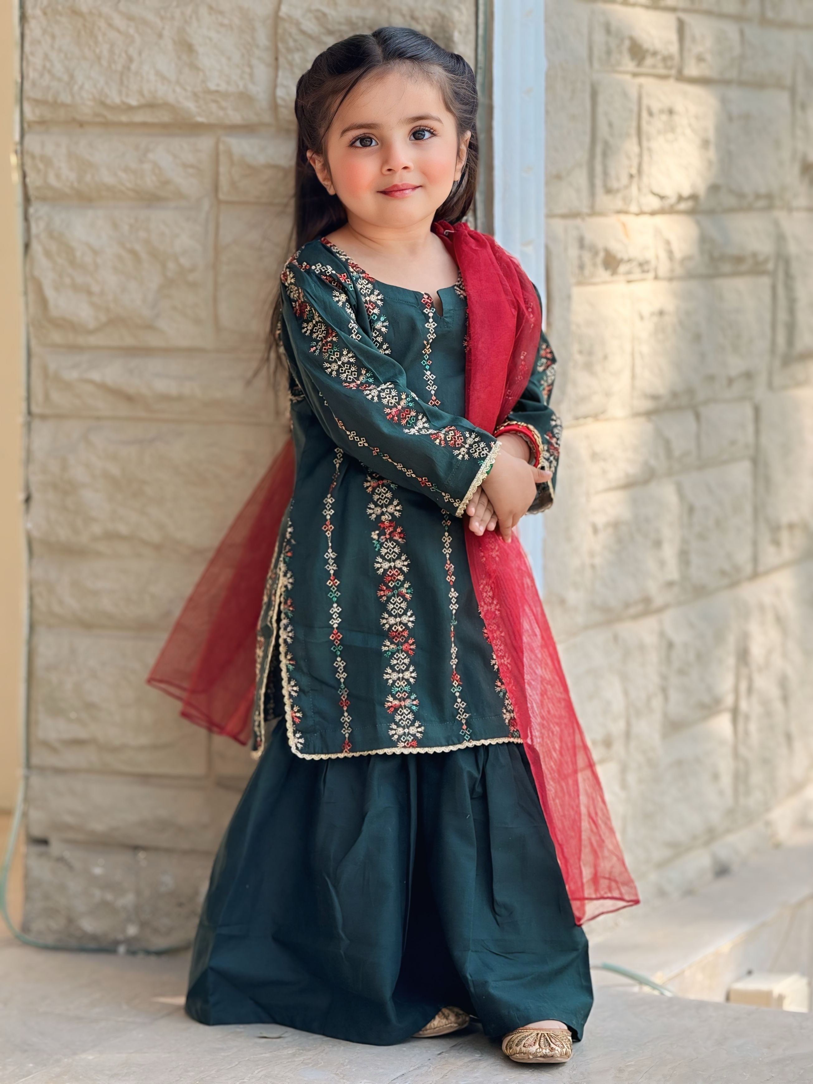 Girls 3 Pc Embroidered Lawn Shirt with Sharara