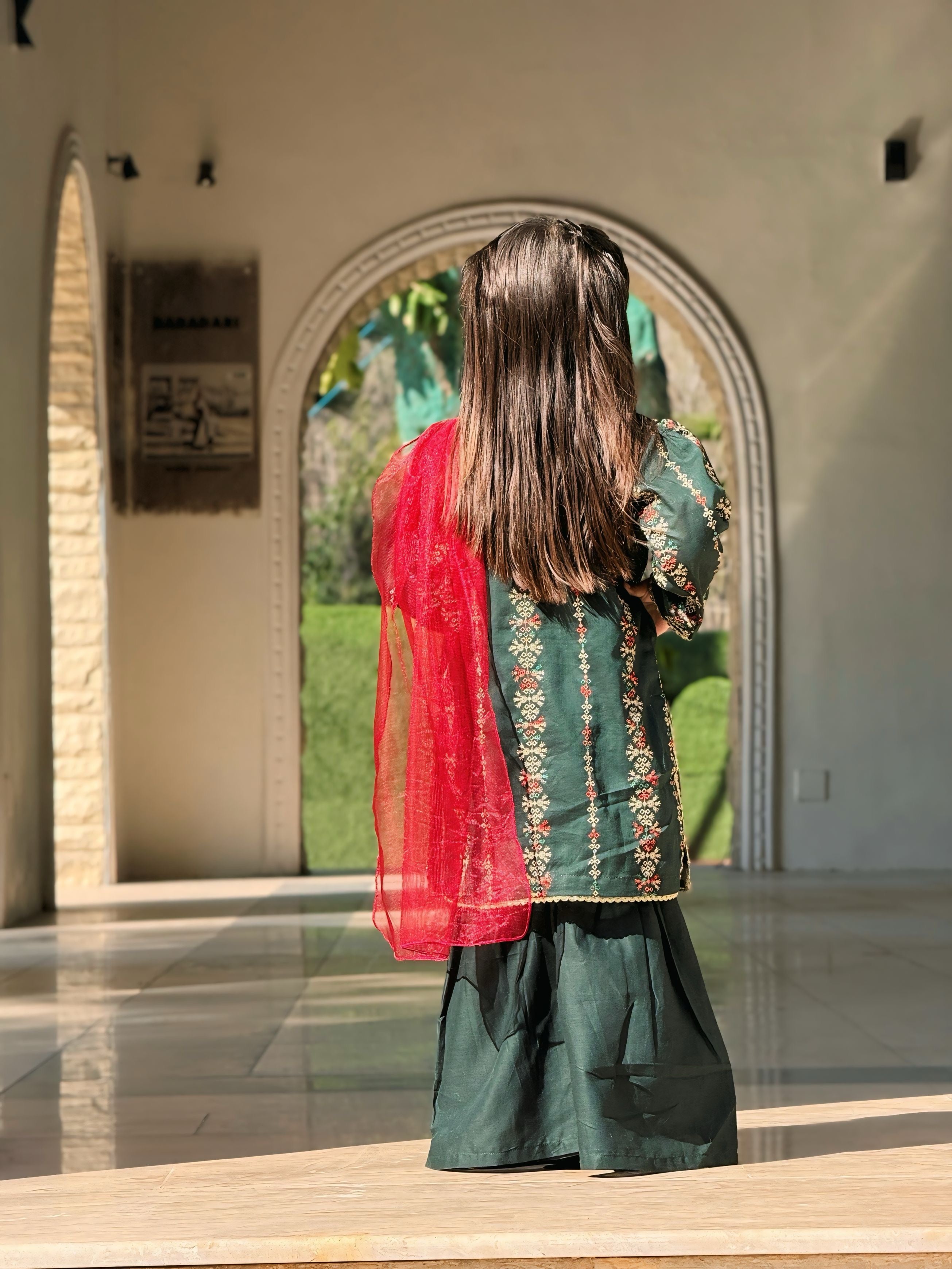 Girls 3 Pc Embroidered Lawn Shirt with Sharara