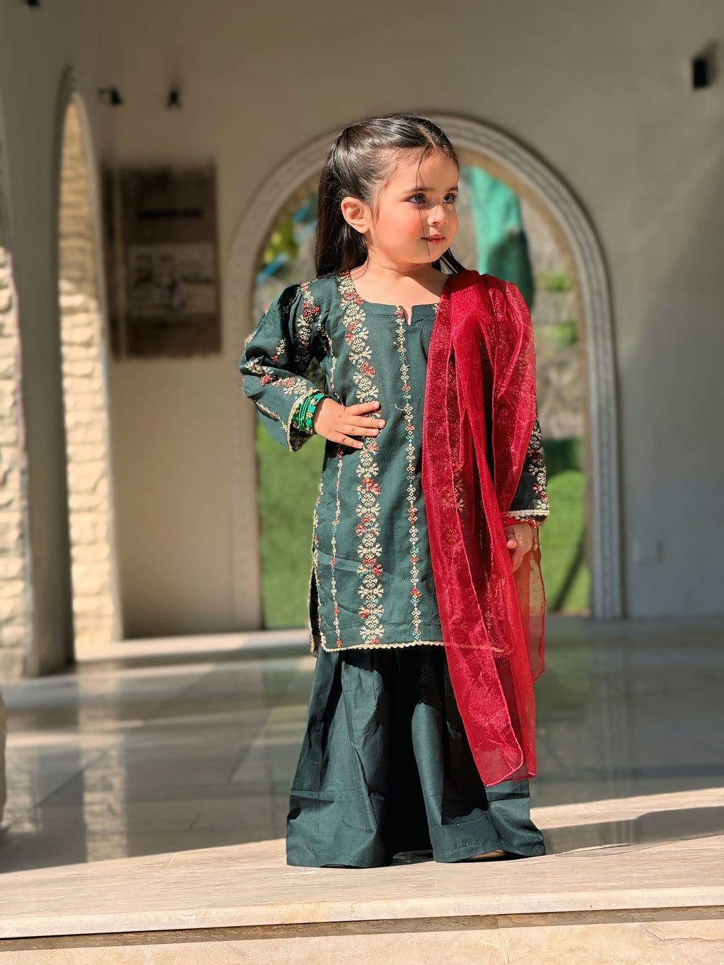 Girls 3 Pc Embroidered Lawn Shirt with Sharara