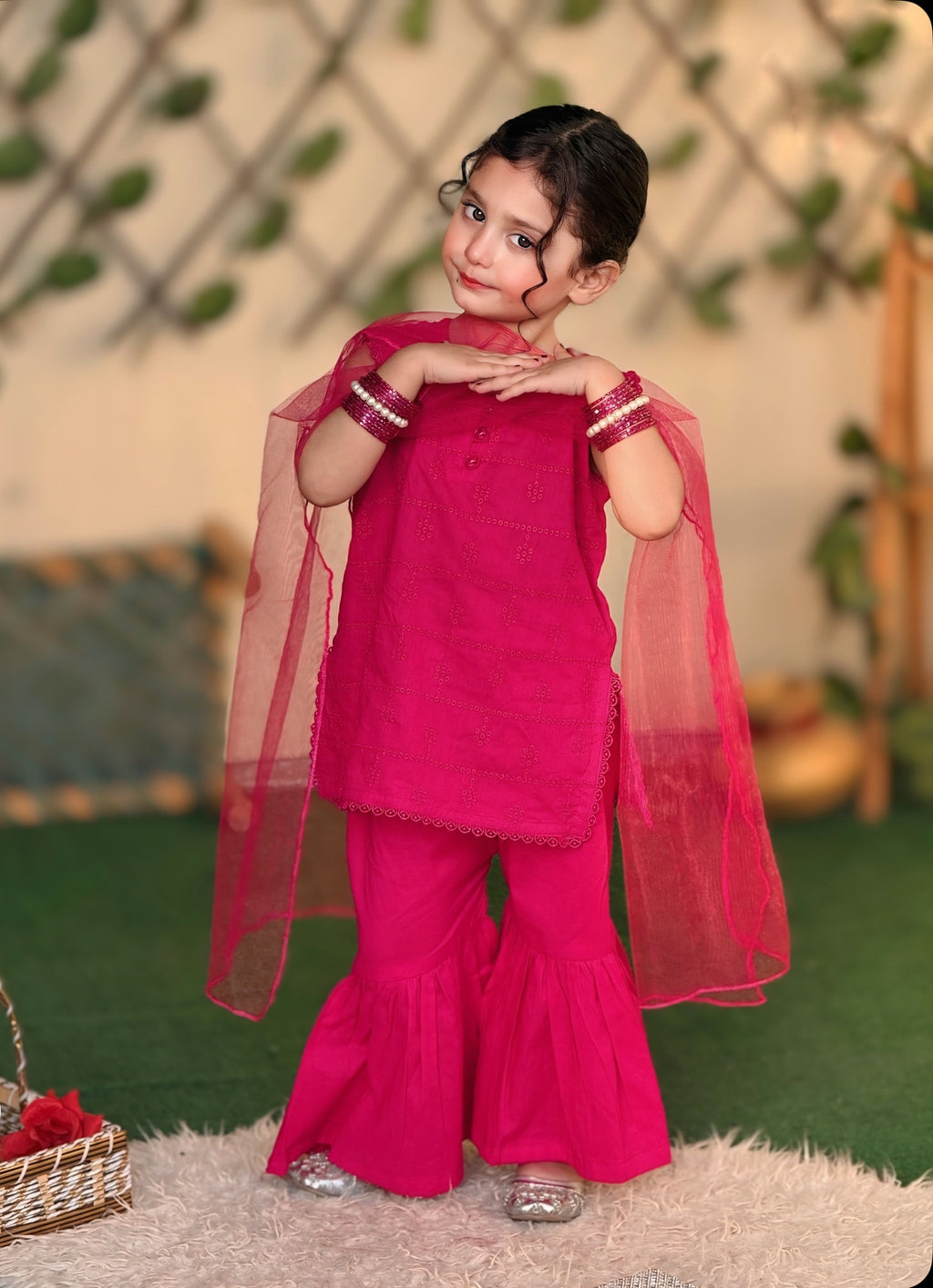 3 Pc Pink Chikankari Lawn Shirt With Sharara