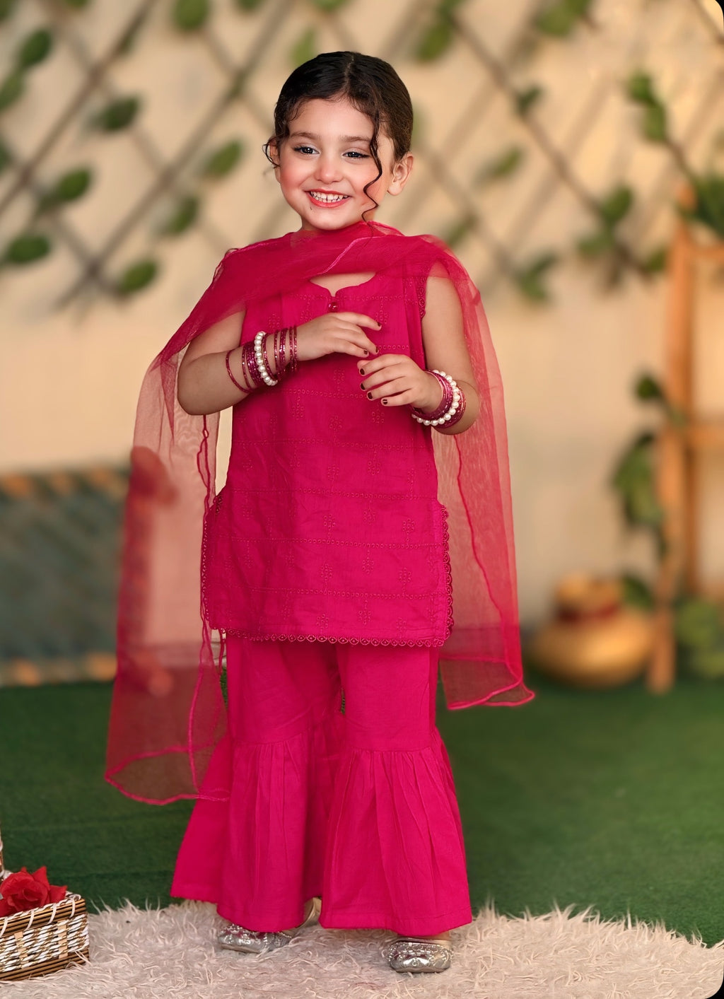 3 Pc Pink Chikankari Lawn Shirt With Sharara