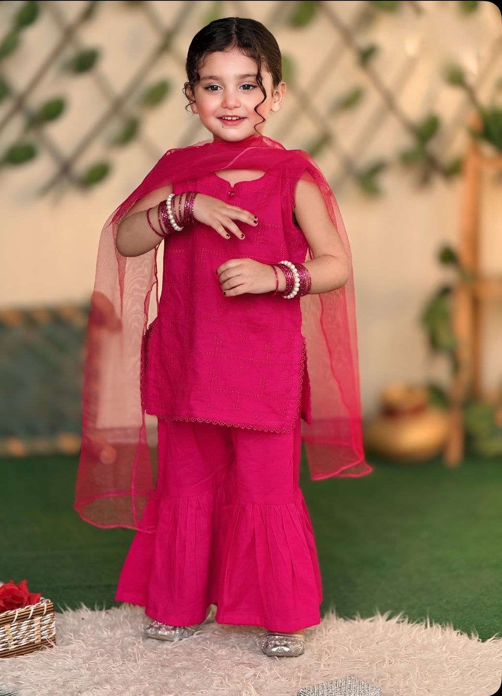 3 Pc Pink Chikankari Lawn Shirt With Sharara