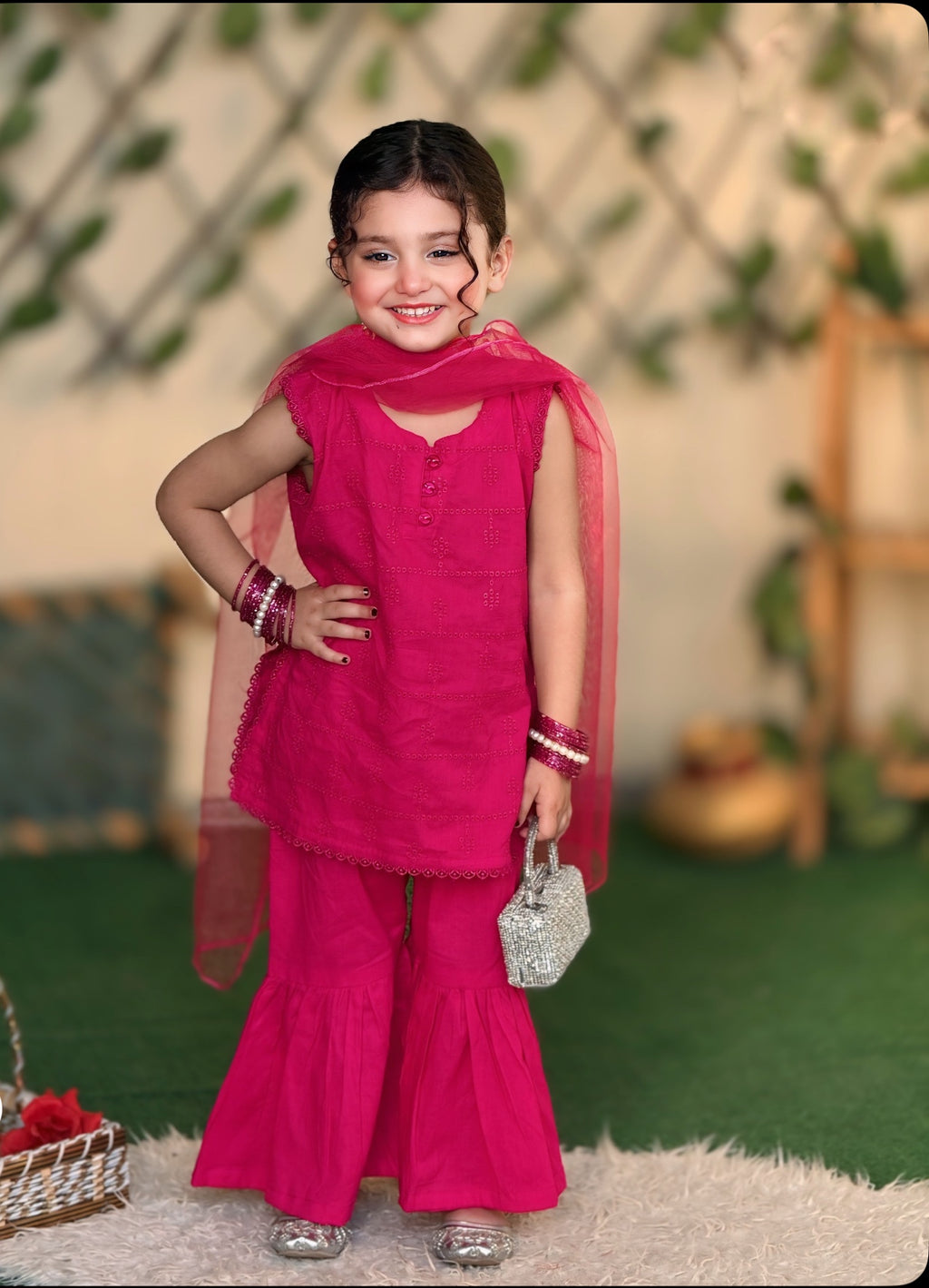 3 Pc Pink Chikankari Lawn Shirt With Sharara