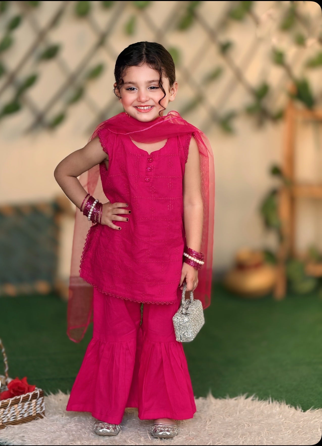 3 Pc Pink Chikankari Lawn Shirt With Sharara