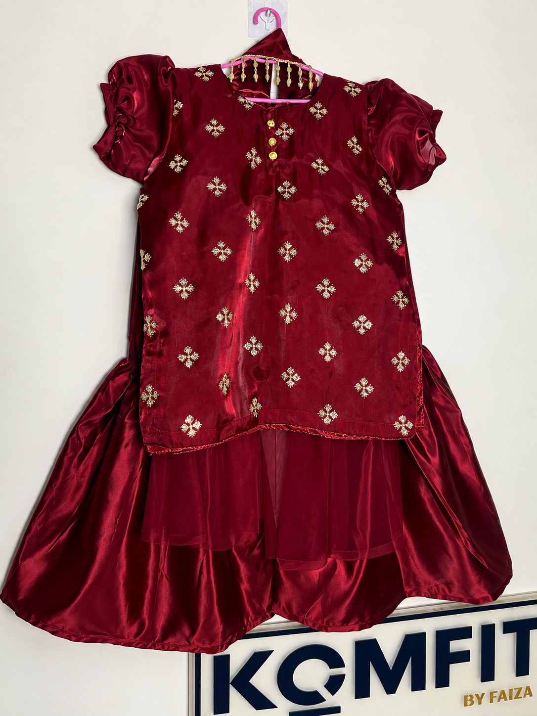 3 Pc Party Dress with Gold Embroidery & Flared Skirt